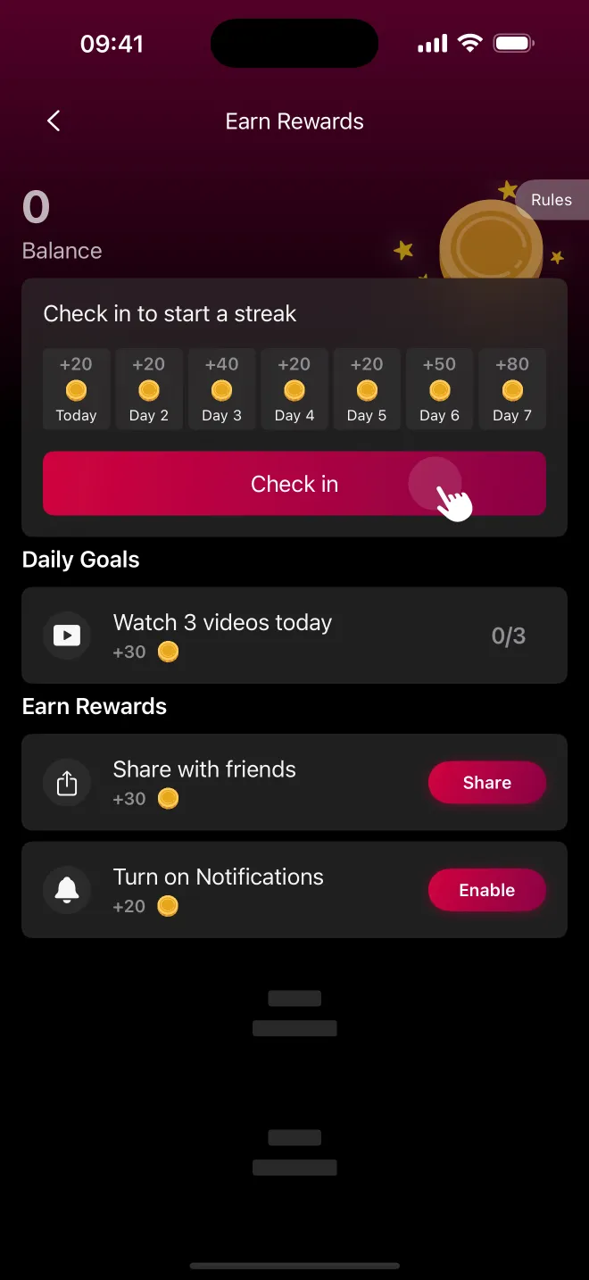 The Earn Rewards screen with a seven-day check-in streak and daily goals
