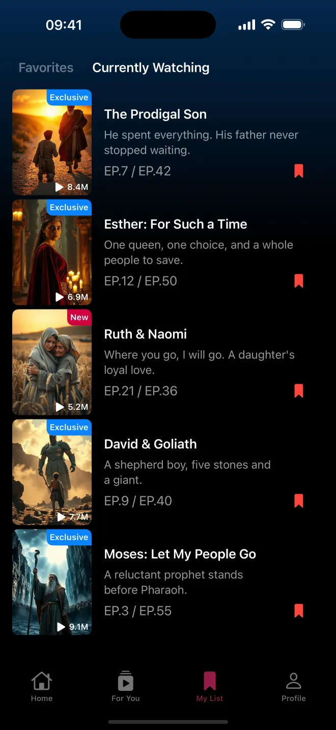 My List showing series in progress: The Prodigal Son, Esther, Ruth and Naomi, David and Goliath, Moses